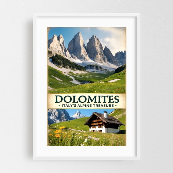 Dolomites Vintage Travel Poster – Italy’s Alpine Treasure - Veneto Italy Illustration Travel Poster Mountain Landscape Nature Scenic Vintage Pastoral White Framed Wall Art Print 12 x 18 inches