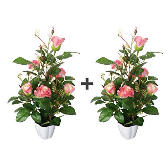 AMERIQUE Paire d'Arbres Artificiels en Fleurs de 2 Pieds, 7 Roses, avec Pot de Pépinière, Toucher Technique Réel, 120 Feuilles Chacun, Vert & Rouge
