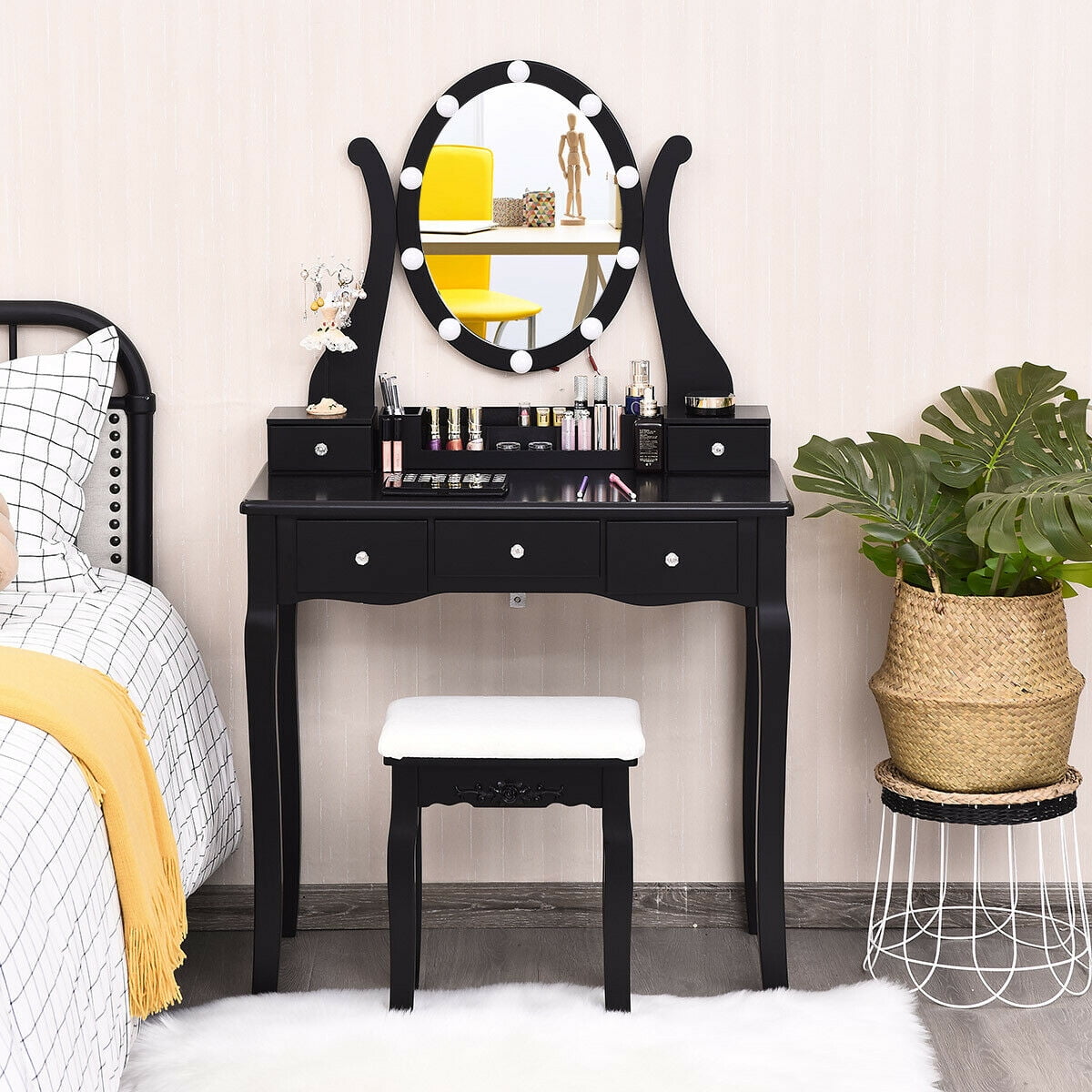 Gymax Vanity Table Set Makeup Dressing Table with10 Light Bulbs and Touch Switch, Black