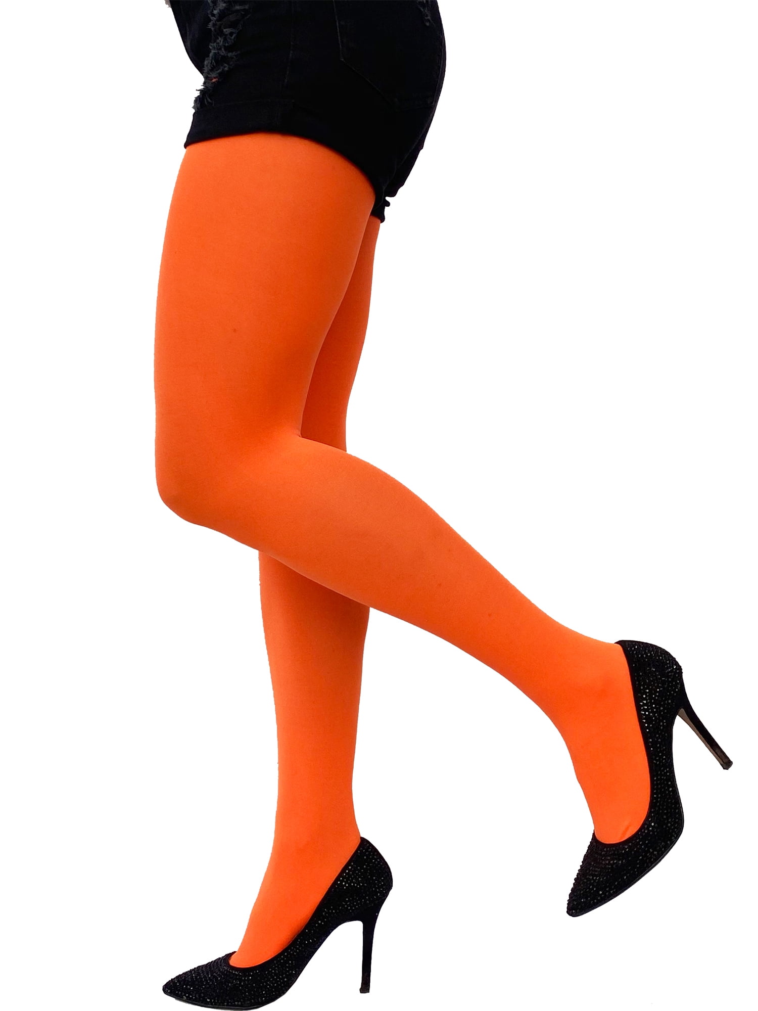 Malka Chic Neon Orange Opaque Full Footed Tights Pantyhose For Women