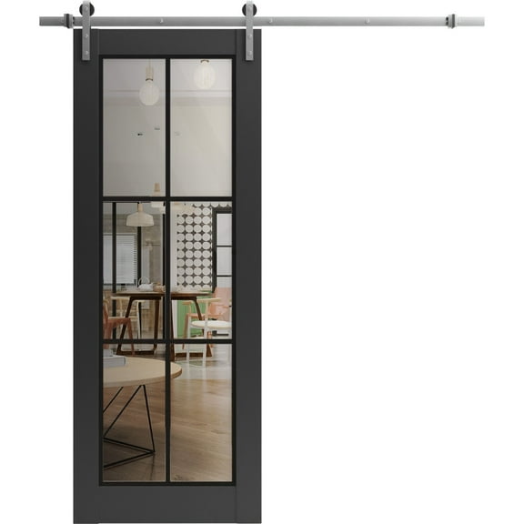 Sturdy Barn Door 18 x 80 inches | Lucia 2366 Matte Black Clear Glass | Stainless Steel 6.6FT Rail Hangers Heavy Set | Solid Panel Interior Doors