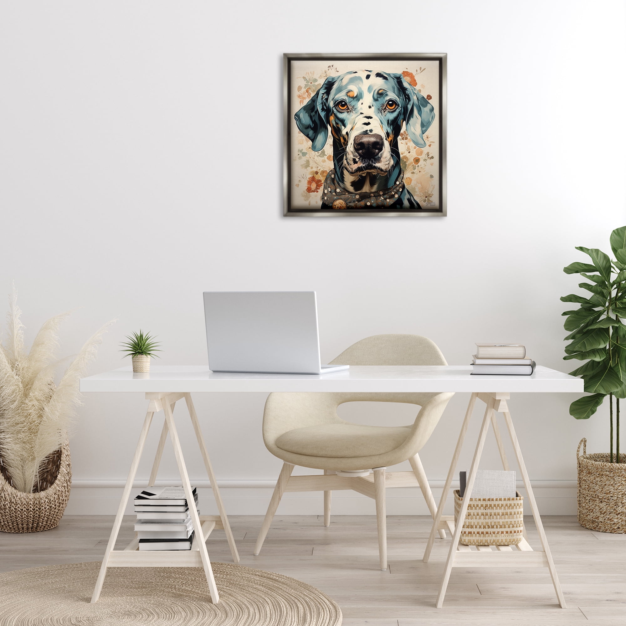 Stupell Industries Dog Portrait with Paint Splatter Animals & Insects Painting Gray Floater Framed Canvas Art Print Wall Art, 25 x 25