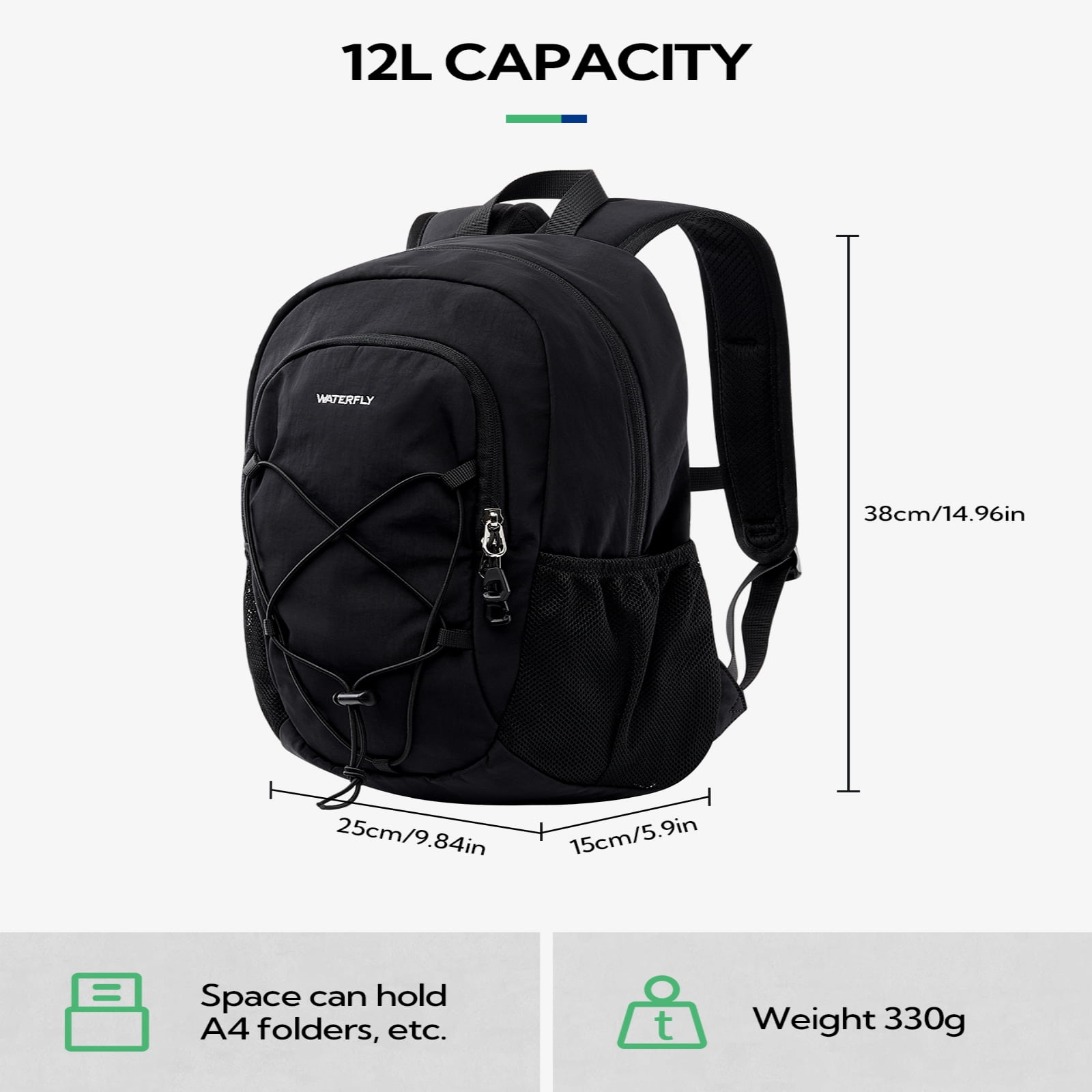 WATERFLY Unisex 12L Small Drawstring Lightweight Travel Hiking Backpack Daypack,Black