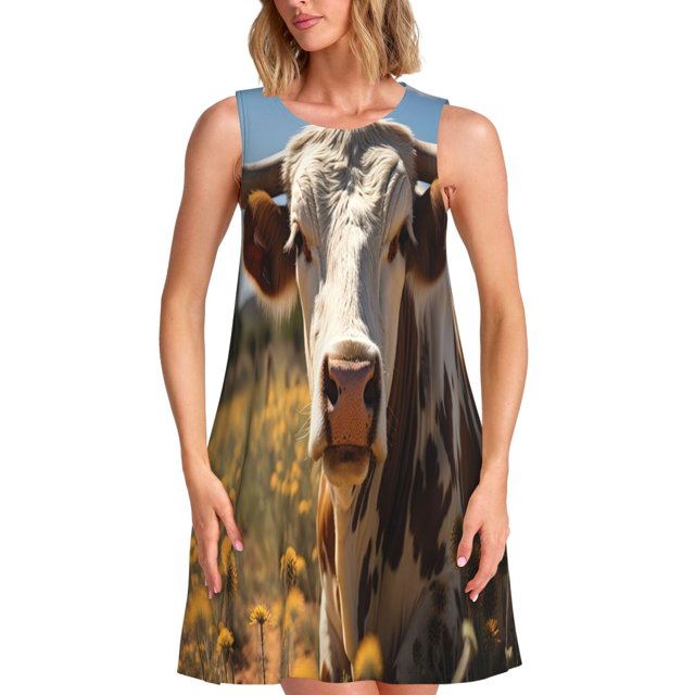 Disketp Countryside Flower Cow para Vestido sin Mangas para Mujeres, Vestidos de Verano para Mujeres, Casual y Holgado para la Playa