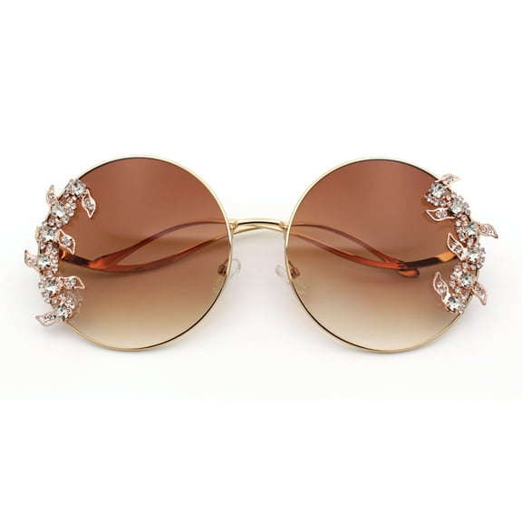 Fancy Rhinestone Floral Trim Round Circle Lens Wavy Arm Sunglasses Gold - Brown