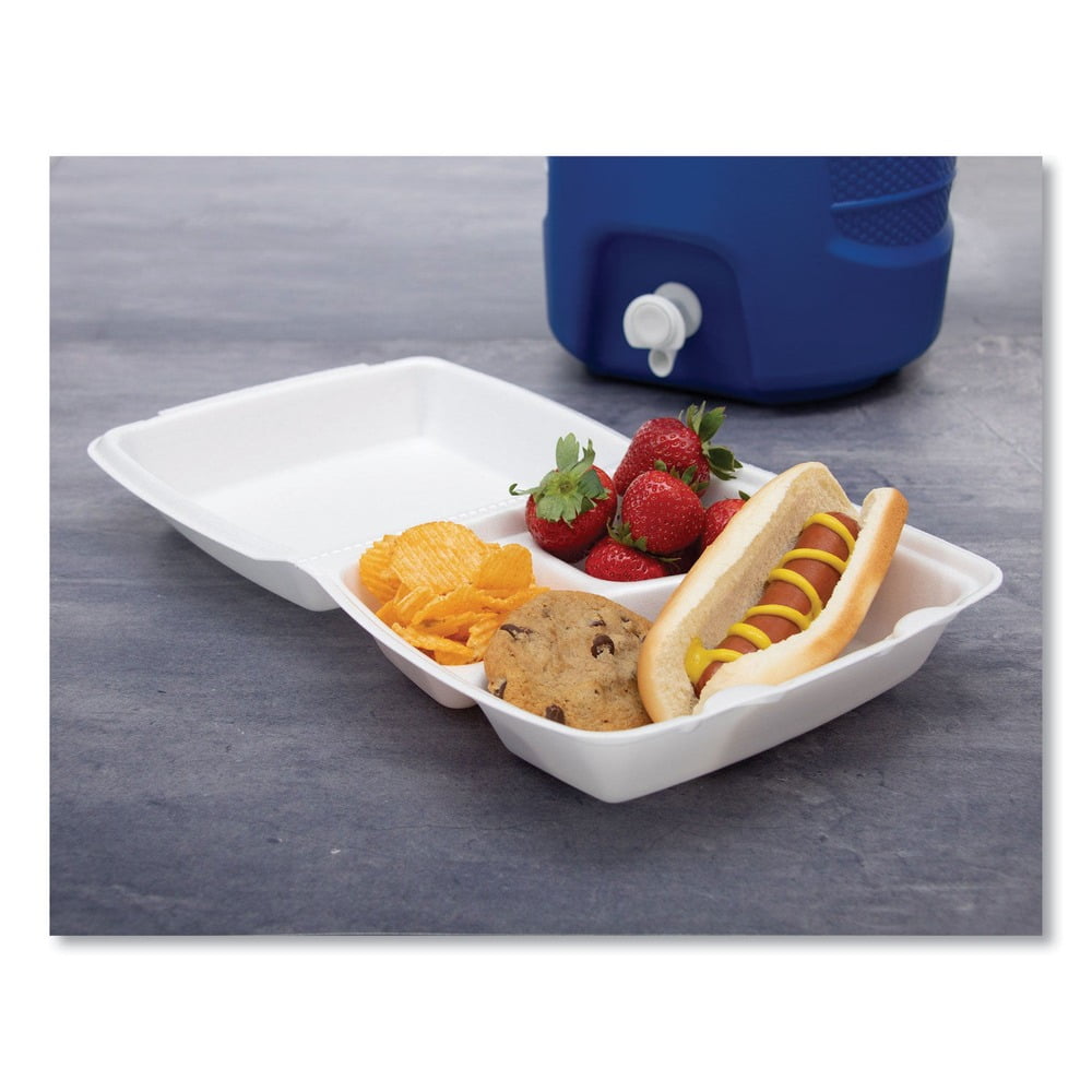 Dart 85HT3R Foam Hinged Lid Commercial Containers, 3-Compartment, 8.38 x 7.78 x 3.25, 200/Carton