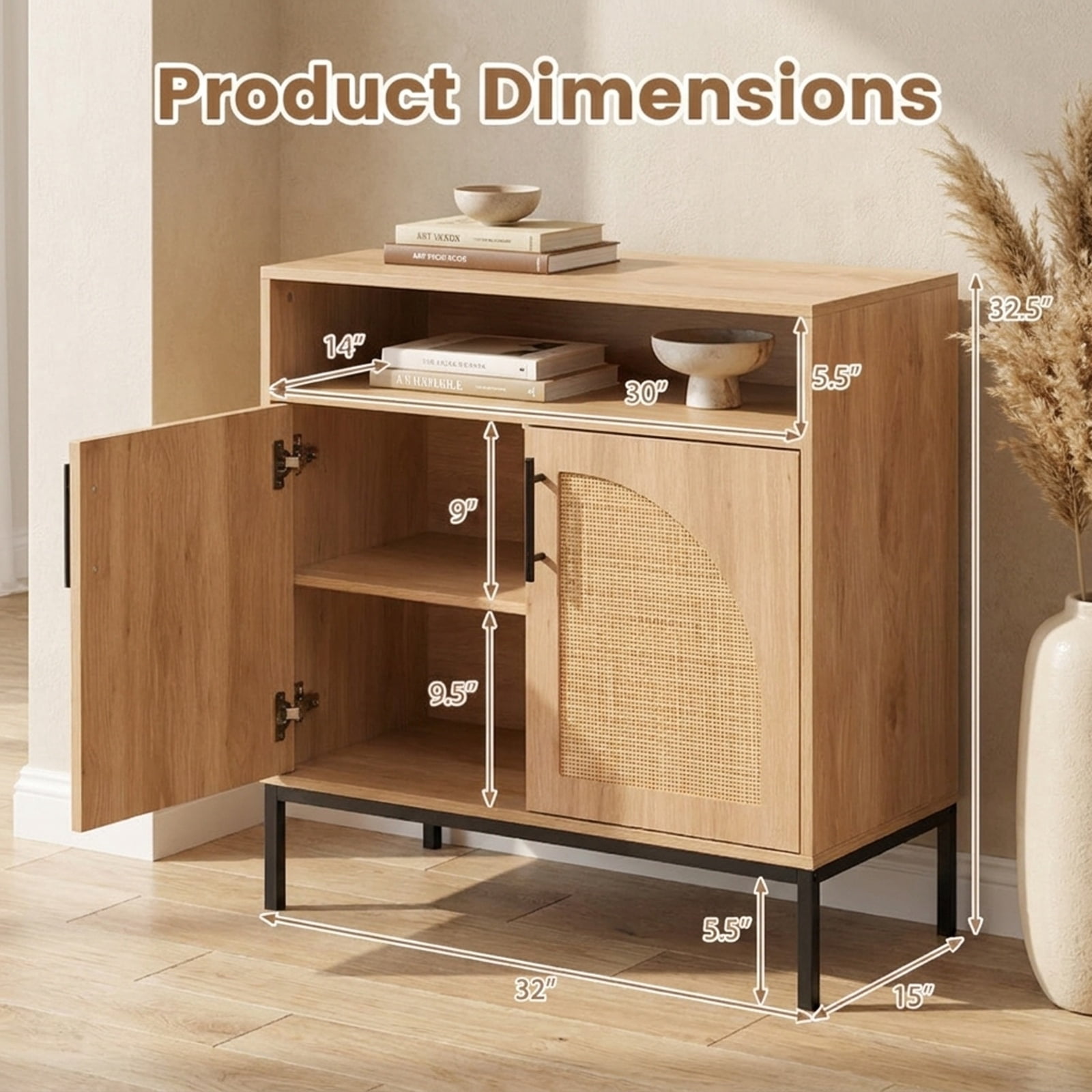 Furnibear 32" Sideboard Buffet Cabinet with 2 Natural Rattan Decorated Doors and Adjustable Shelf for Kitchen Dining Living Room Buffet, Natural