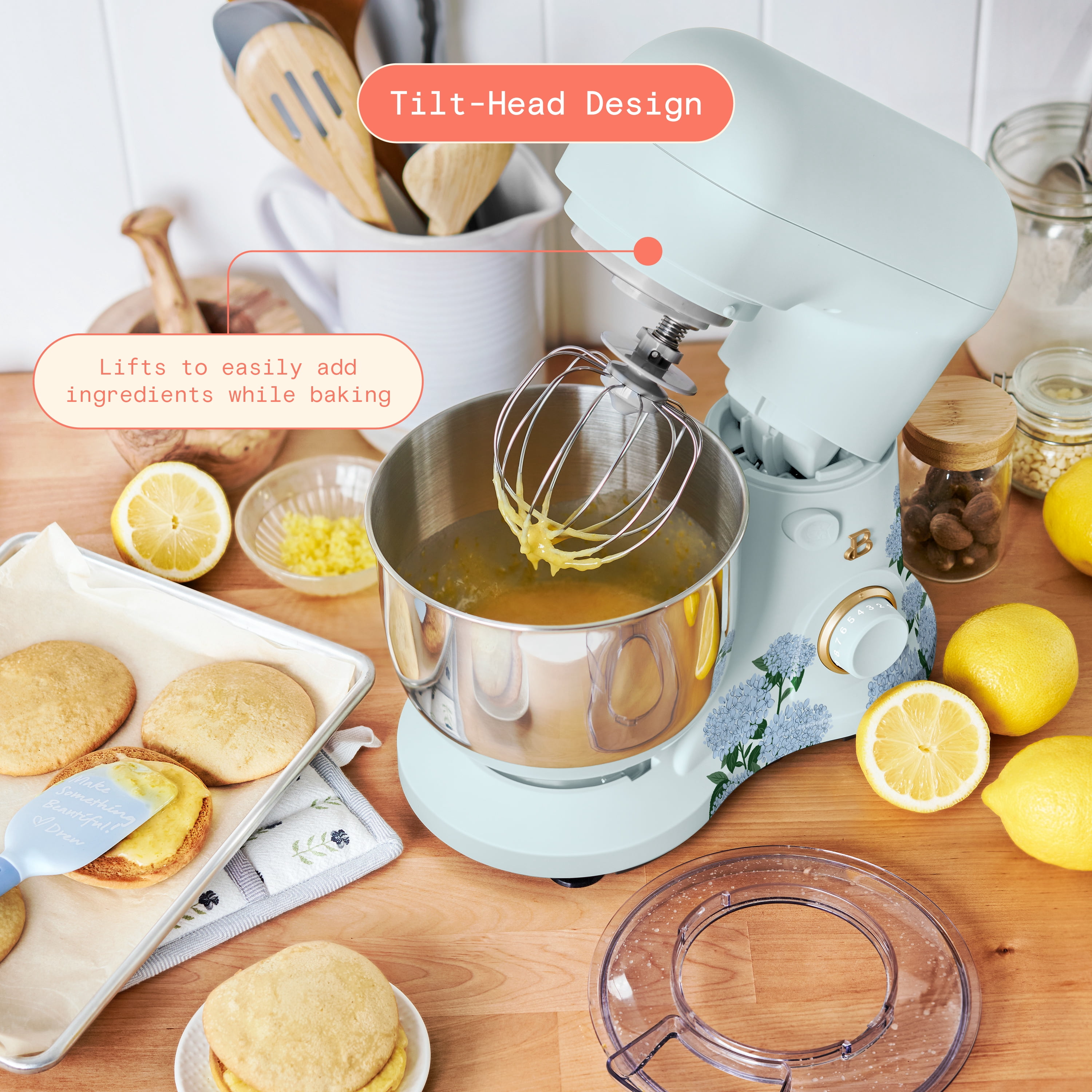 Beautiful 3.5 Qt Tilt-Head Stand Mixer with Flat Beater, Dough Hook & Balloon Whisk, Hydrangea Floral by Drew Barrymore