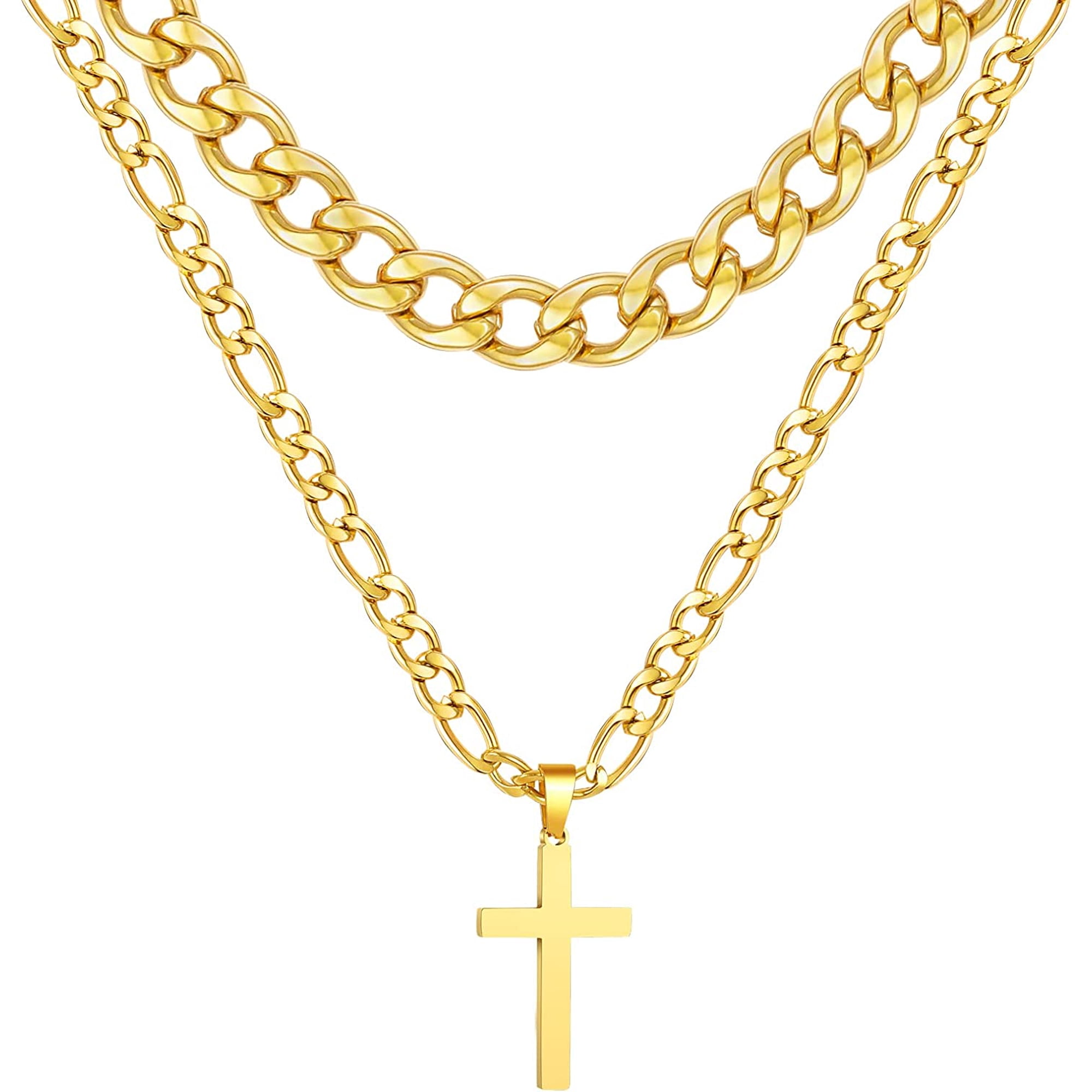 APSVO Layered Gold Cross Necklaces for Men Boys Stainless Steel Cuban Figaro Pendant Chain Set Religious Christian Birthday First Communion Graduation Fathers Day Jewelry Gifts Him Teen Dad Kids