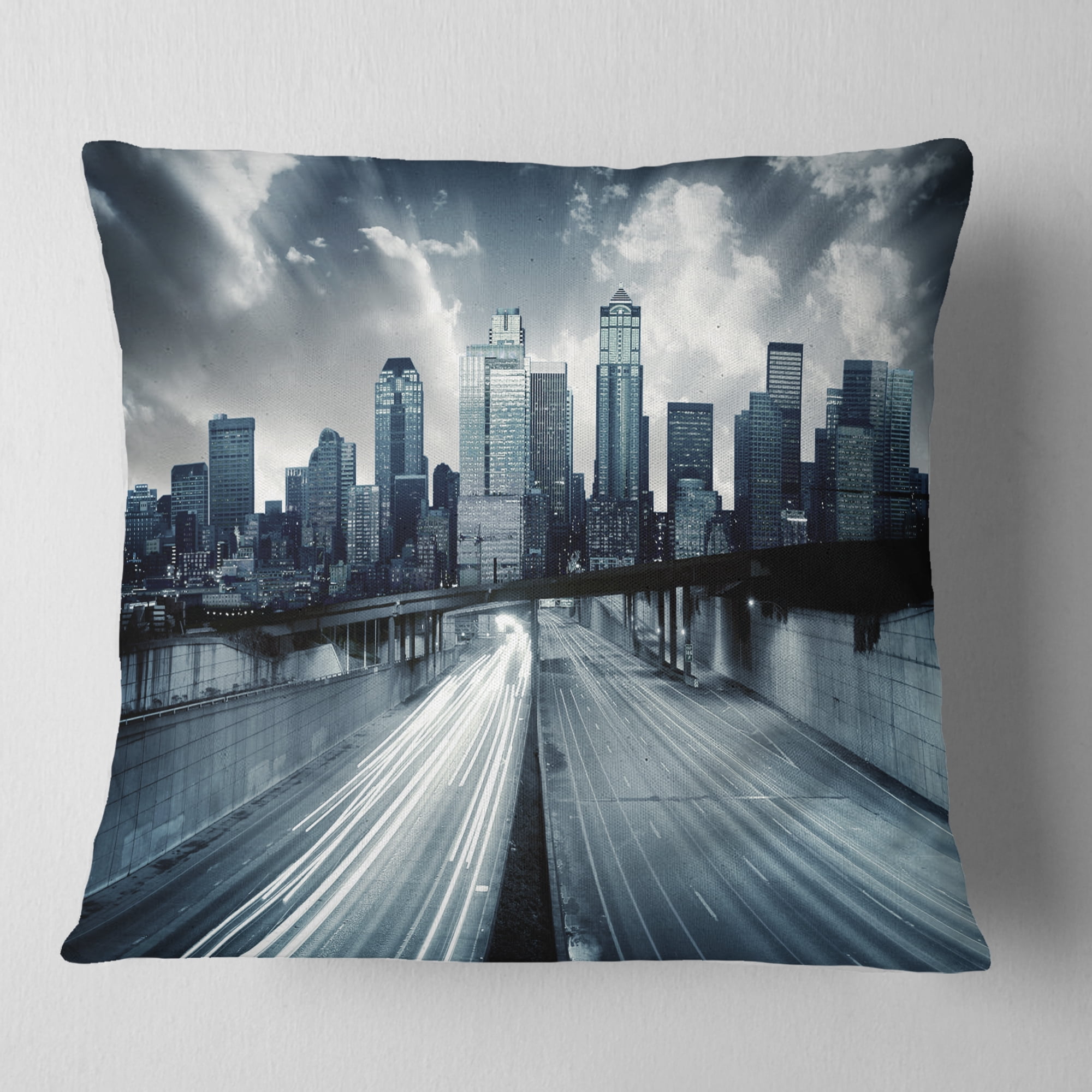 Designart City with Blue Tint - Cityscape Throw Pillow - 16x16