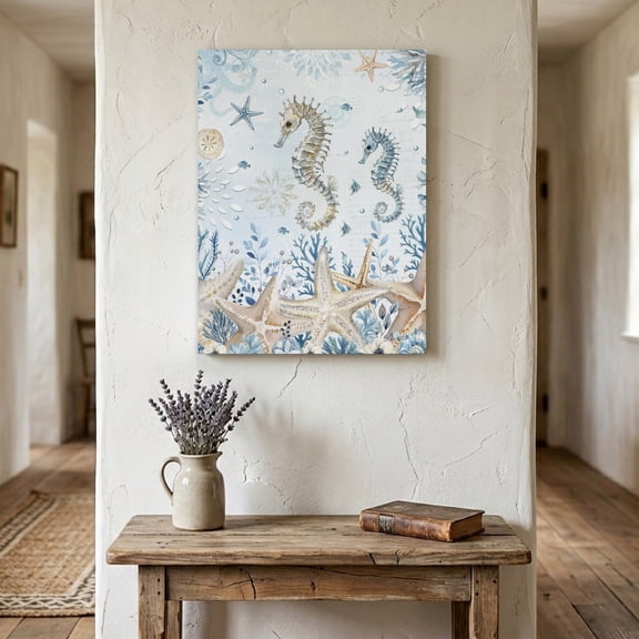 Marine Life Canvas Wall Art for Living Room Bedroom Bathroom, Watercolor Ocean Seahorse Coral Starfish Seashell Coastal Canvas Art Wall Decor, Artwork for Walls Home Office Decor, 16"x20"