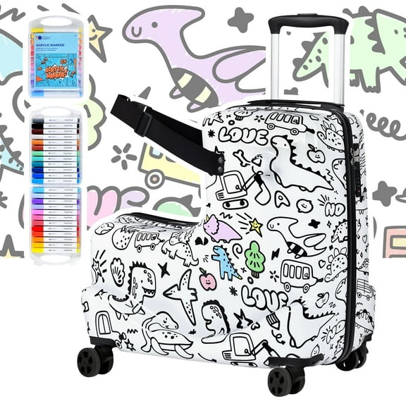 Advwin 20" Ride On Luggage for Kids, Fun DIY Coloring Travel Suitcase with 24 Waterproof Markers, TSA Lock, Safety Belt & Spinner Wheels