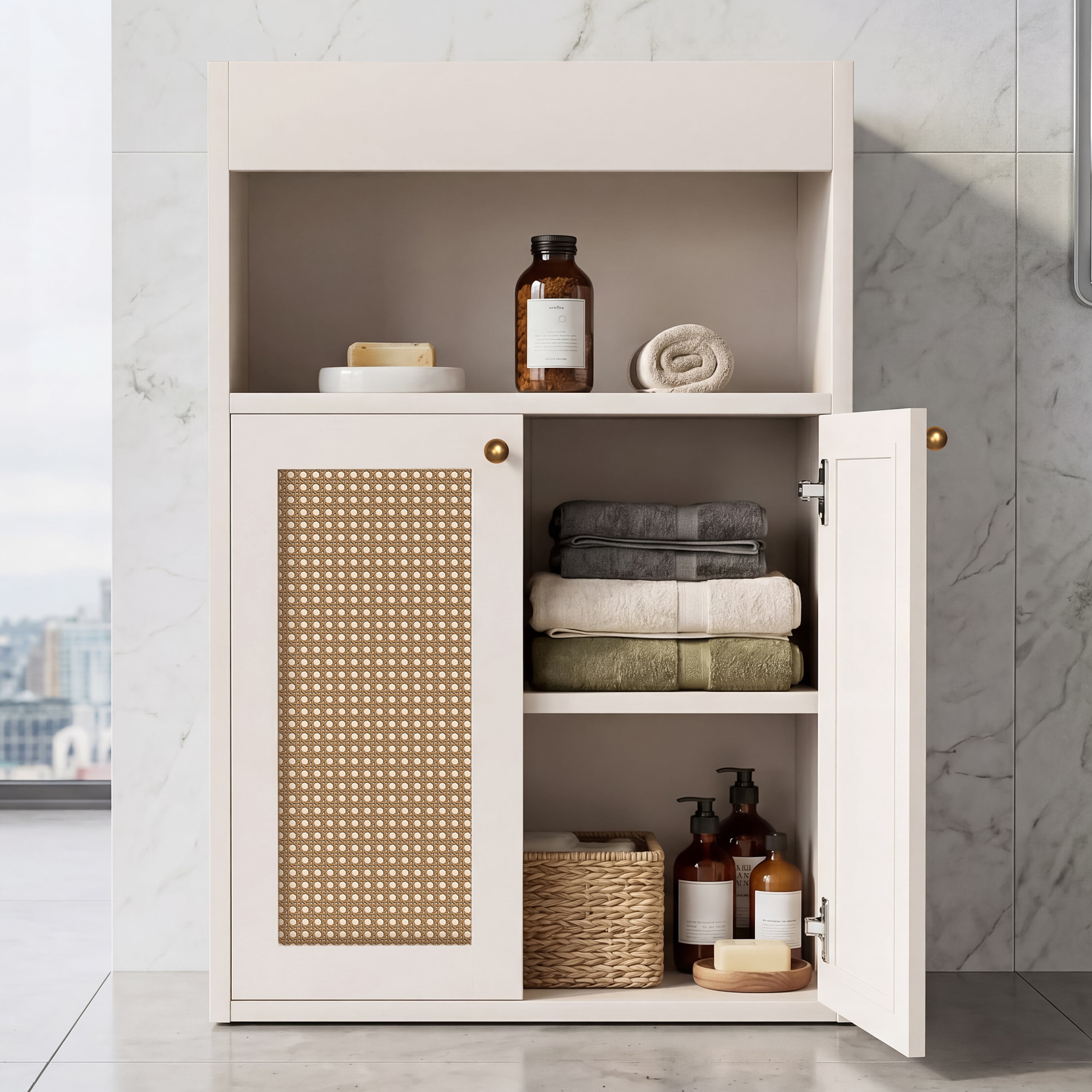 Mintazer Bathroom Floor Storage Cabinet, Freestanding Stroage Shelf Organizer with 2 Rattan Doors, Adjustable Shelf & Open Storage, White