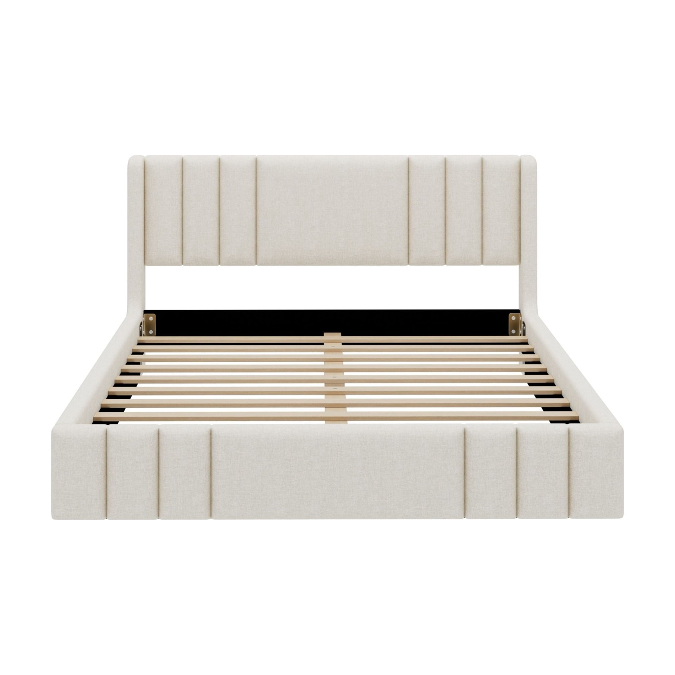 Noble House Arvion Queen Size Linen Upholstered Platform Bed Frame with Wingback Headboard and Center Support, Beige