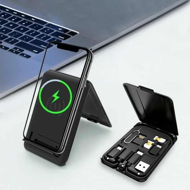 Cargador inalámbrico, adaptador de cable de datos portátil multifuncional, juego organizador, carga rápida de 15 W, cable de datos multifuncional, soporte para teléfono.