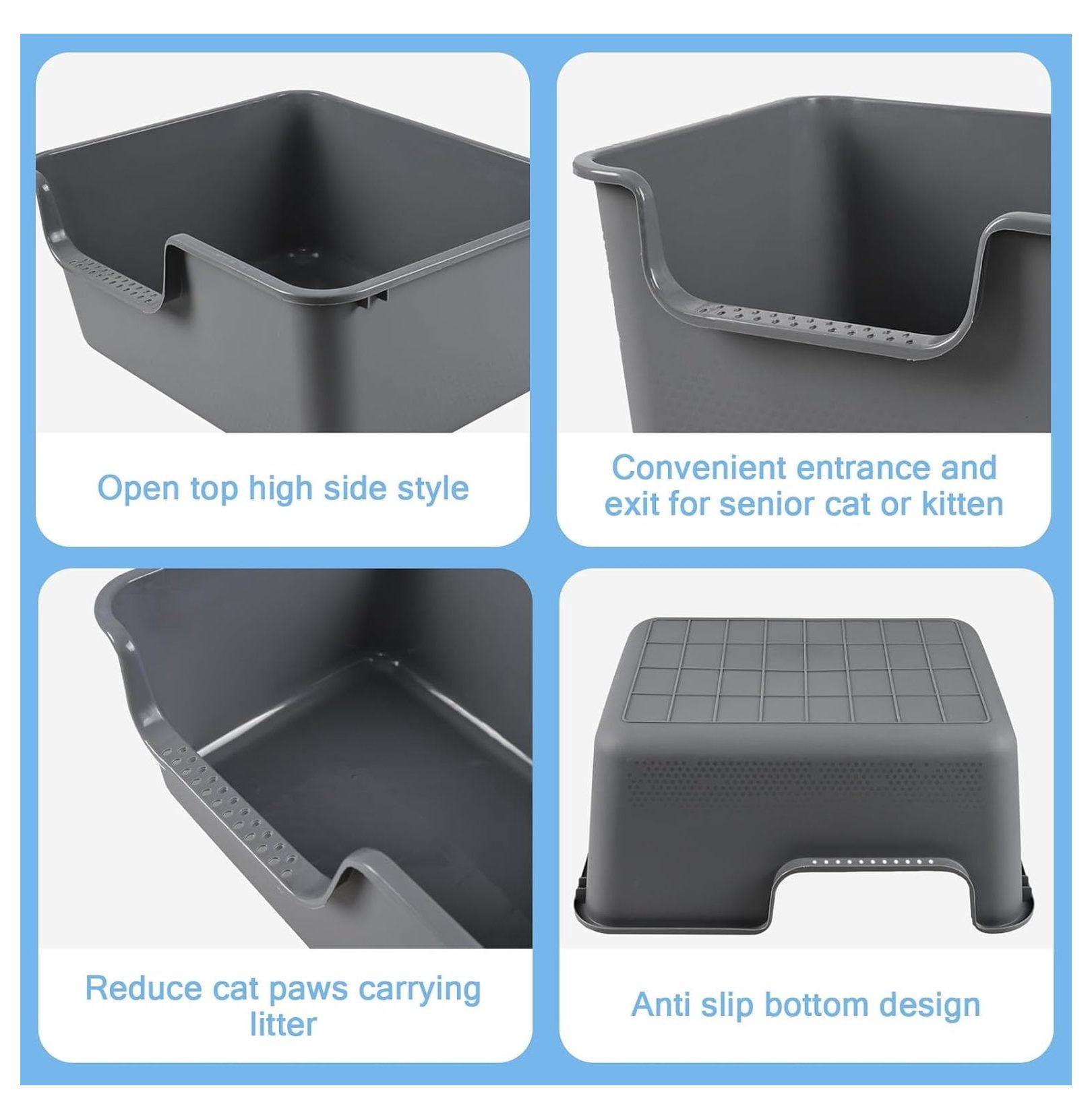 4-Pack Plastic High Side Cat Litter Box, Large Open Litter Box, Gray, 19.69 x 15.24 x 8.46 Inches