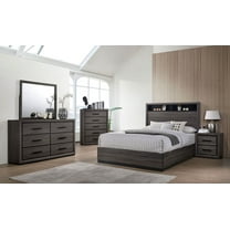 Contemporary 5-pc Queen Size Bed Dresser Mirror 2x Nightstands Bedroom Furniture Grey Paper Veneer