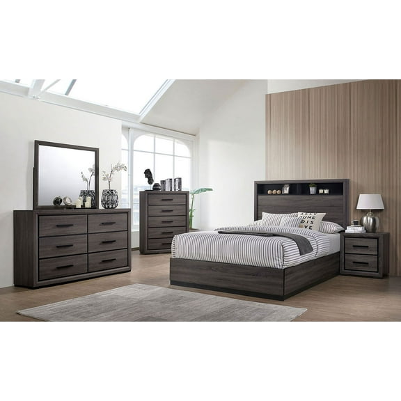 Contemporary 5-pc Queen Size Bed Dresser Mirror 2x Nightstands Bedroom Furniture Grey Paper Veneer