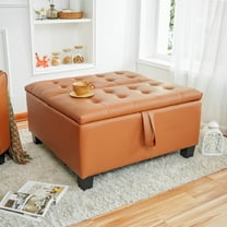 Ciara 35-Inch Air Leather Tufted Upholstered Lift-Top Ottoman Bench, Large Square Storage Coffee Table for Living Room, Toy Box, Footrest Stool,White Ottoman with Spacious Interior Compartment-Caramel