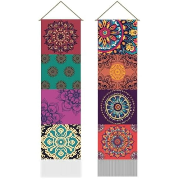 2Pcs Boho Mandala Splicing Tapestry Colorful Mandala Long Vertical Wall Hanging Floral Tassel Wall Aesthetic Tapestry for Bedroom & Living Room (45.7x13 Inch)