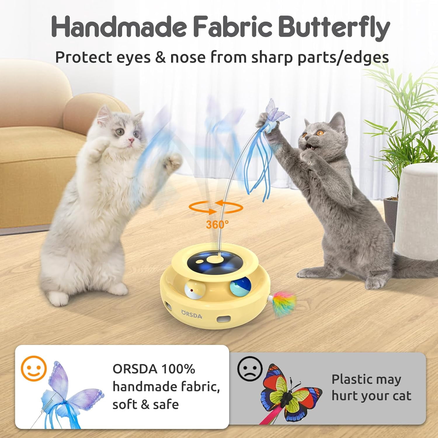 ORSDA 3-in-1 Cat Toys Rechargeable, Interactive Cat Toys for Indoor Cats Automatic Kitten Toy, Moving Ambush Feather, Fluttering Butterfly Toy, Track Balls, Whack a mole Cat Teaser with 9 Attachments