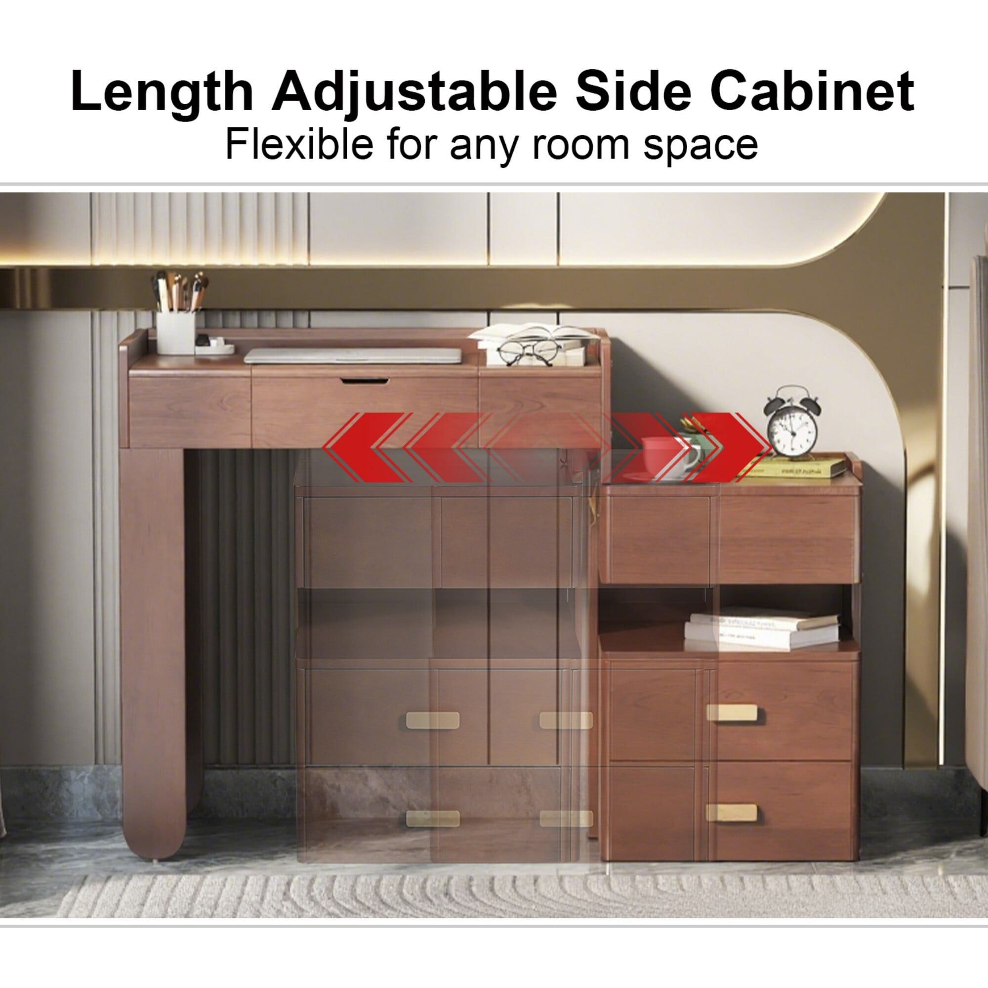 AENKYO Makeup Vanity Desk with LED Lights, Flip Mirror & Stool, 3-in-1 Dressing Table with Adjustable Cabinet, Walnut