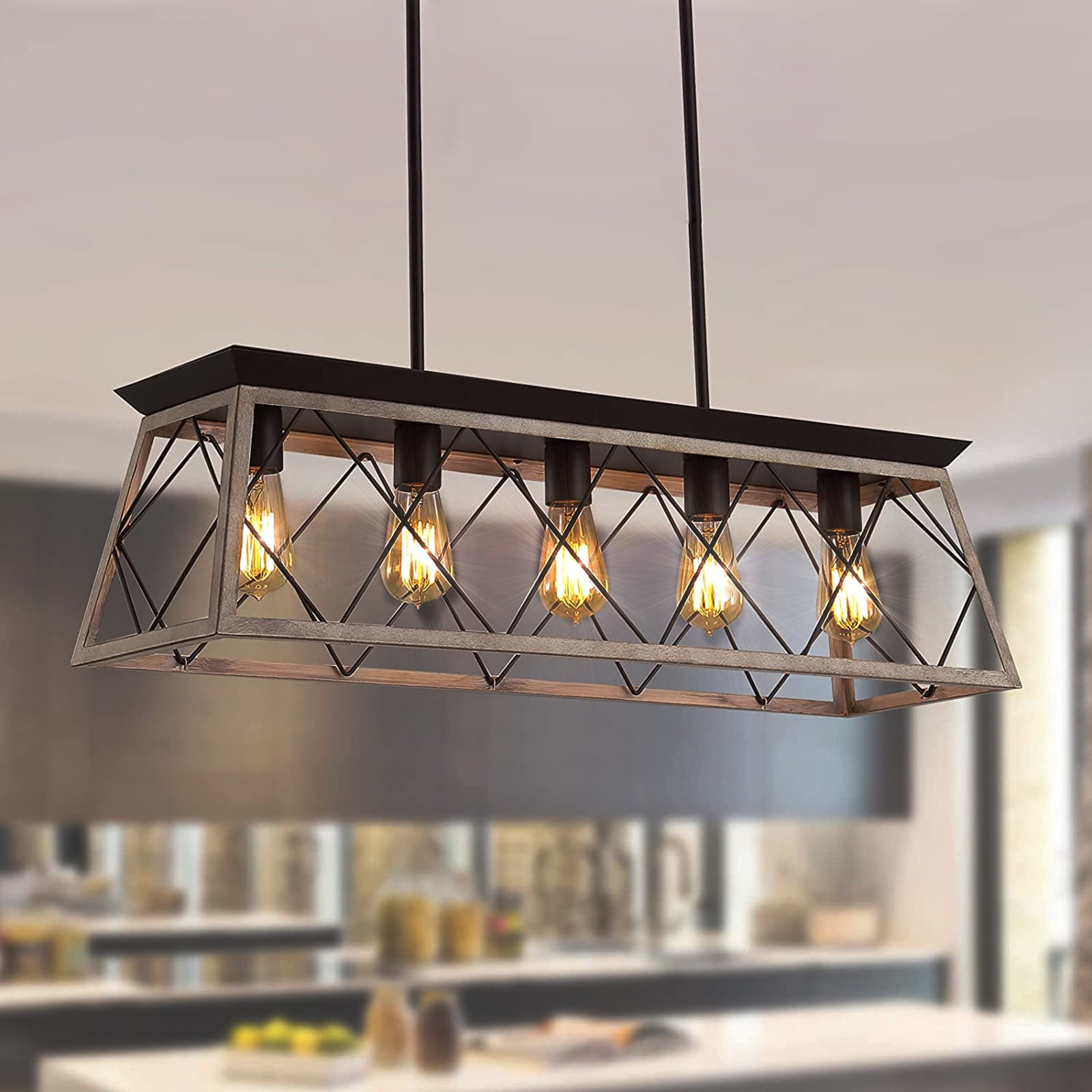 ANGGREK Farmhouse Rectangular Chandelier Rustic, 5Lights Kitchen