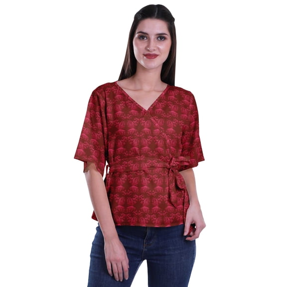 Moomaya Printed Wrap Over with Belt Style Top For Women Printed V-Neck Casual/Formal Top