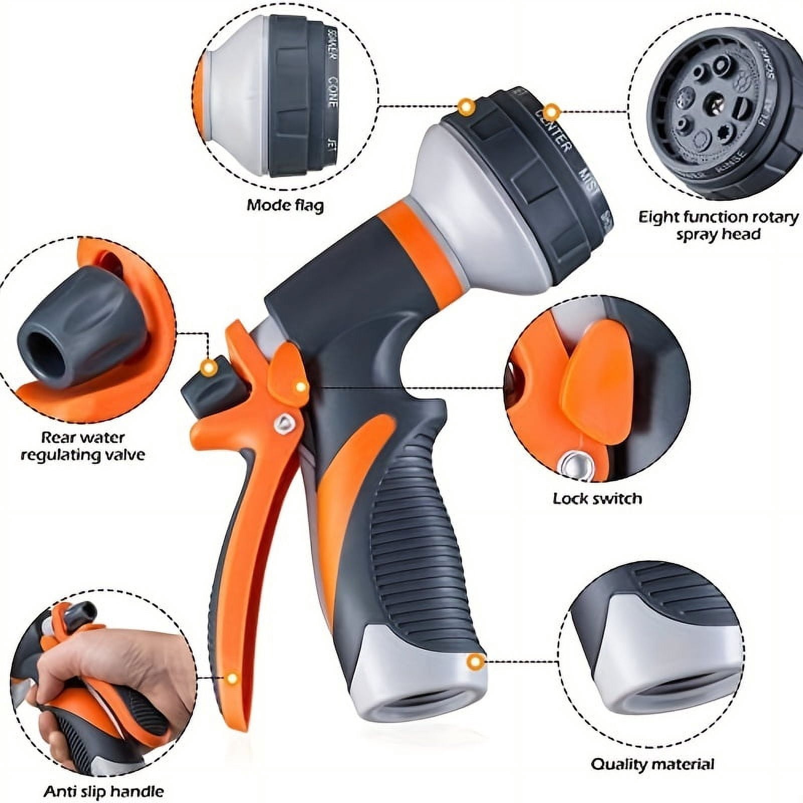 Heavy Duty Garden Hose Nozzle with 8 Adjustable Watering Patterns, Multifunctional High Pressure Sprayer for Lawn, Garden Care, and Vehicle Washing