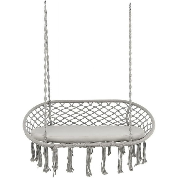 ZOPan 2-Seat Hammock Chair, Macrame Swing with Cushion, Hanging Cotton Ropes, Metal Frame, Hanging Chair with 440 Lbs Capacity for Hammock Stand, Living Room, Patio, Balcony, Backyard (Gray)