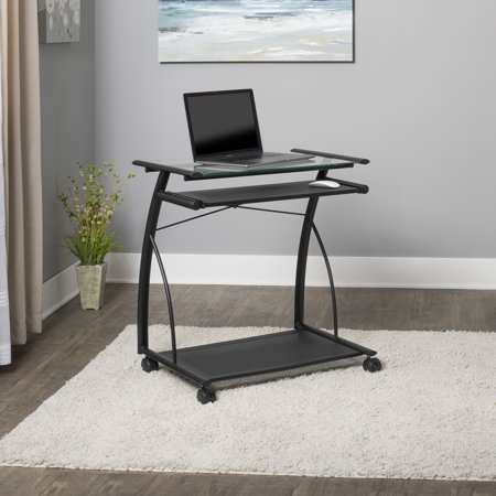 UPC: 0017342501003 | Studio Designs Compact Computer Cart with Storage and Keyboard Shelf – Black / Clear Glass