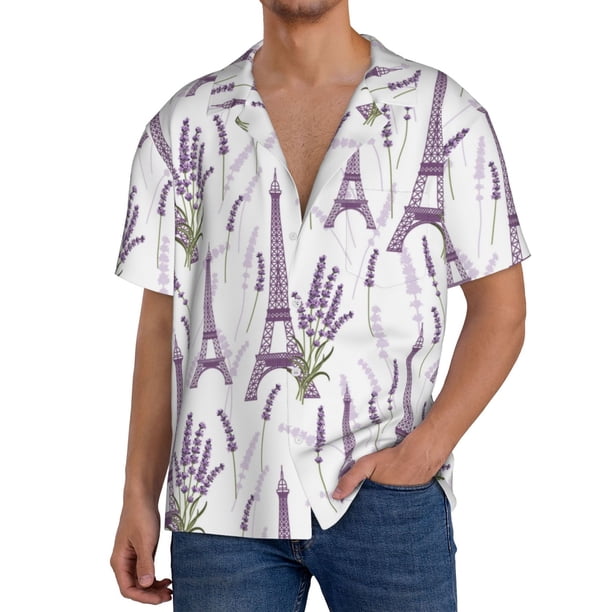 Fotbe Lavender Flowers Camisa Estampada de Manga Corta para Hombre, Casual de Verano, Estilo Playero, Sin Arrugas-4X-Large