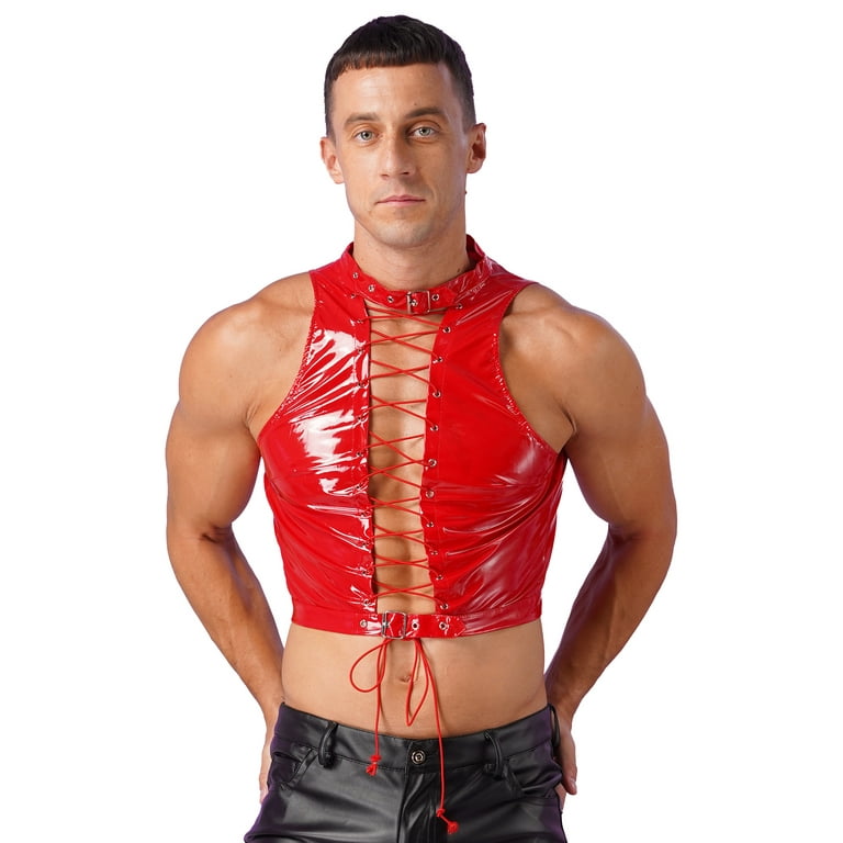 Yeahdor Mens Sleeveless Lace-Up Crop Top Wet Look Patent Yeahdor Mens Sleeveless Lace-Up Crop Top Wet Look Patent