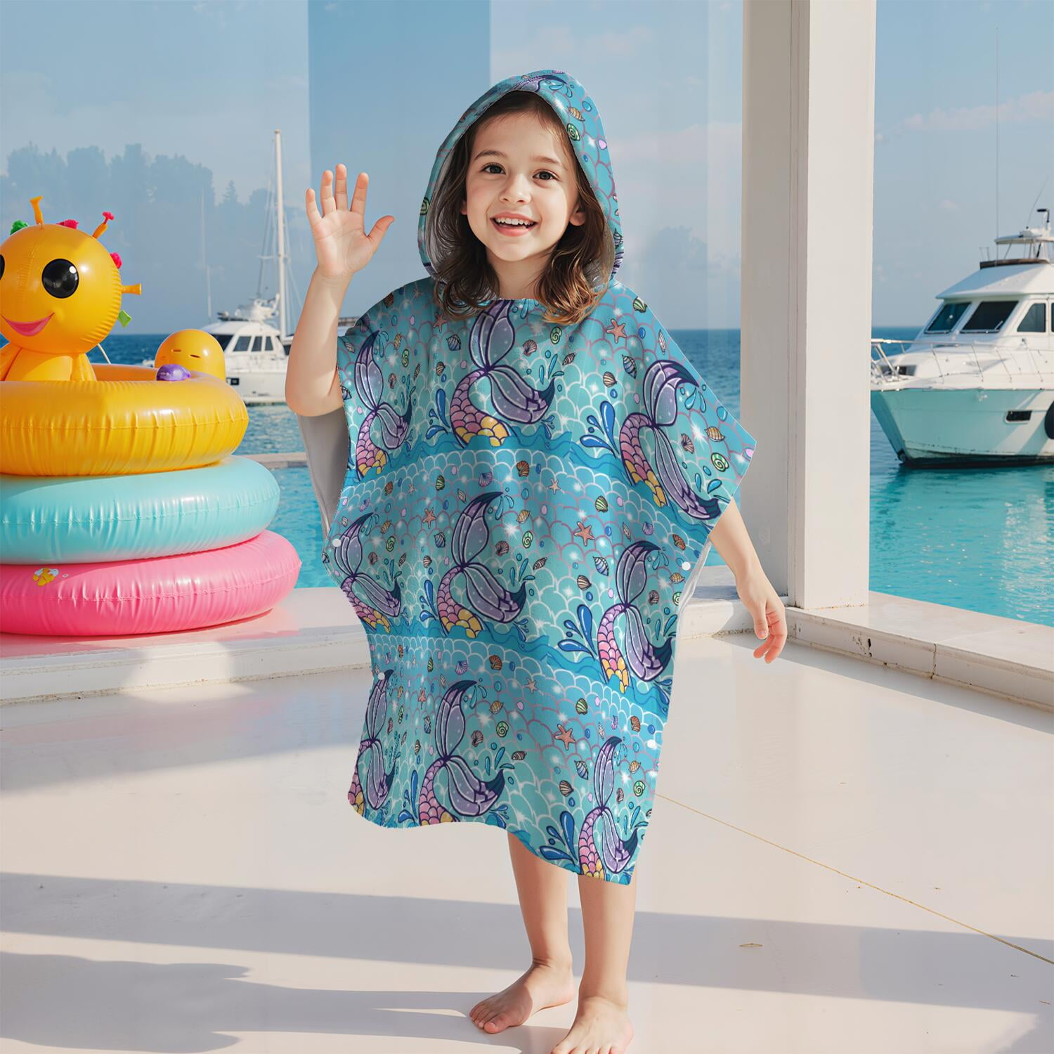 Hooded Kids Beach Towels - Toddler Bath Towel Girls Boys Swimming Cover-ups for Ages 2 to 6 Kids Pool Towels Quick Dry Lightweight Soft Microfiber Poncho Towel 28x28 (Mermaid Seashell)