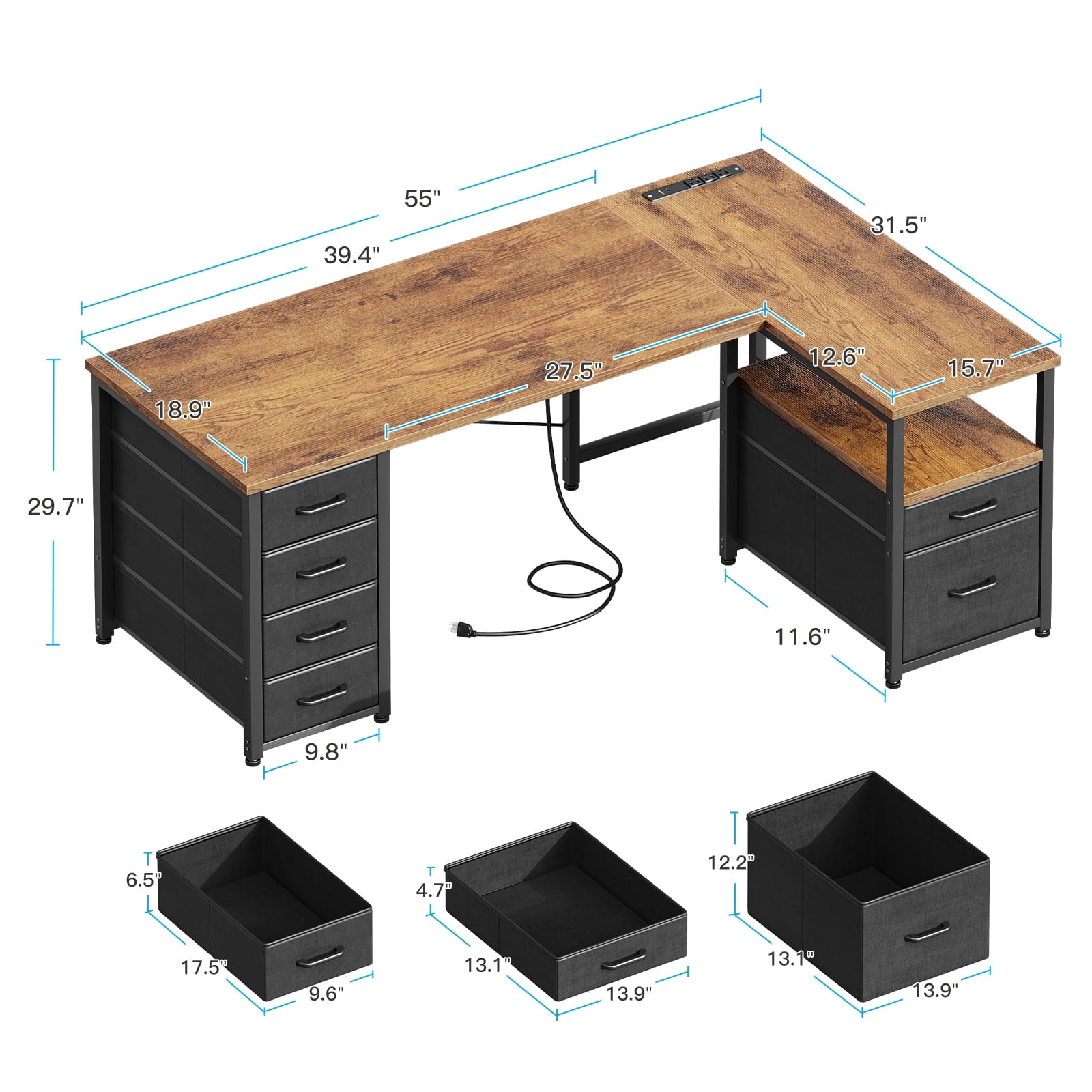 55 Inch Computer Desk with Filing Cabinet & Drawers, Office Desk with Storage Shelf & Power Outlets, Rustic Brown