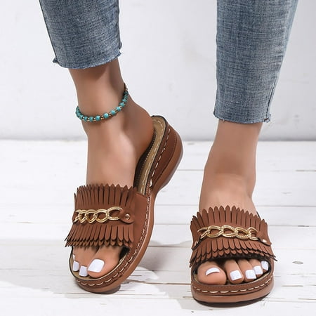 

Metal Buckle Thick Bottom Fringed Beach Slippers Women s Orthopedic Wedge Sandals