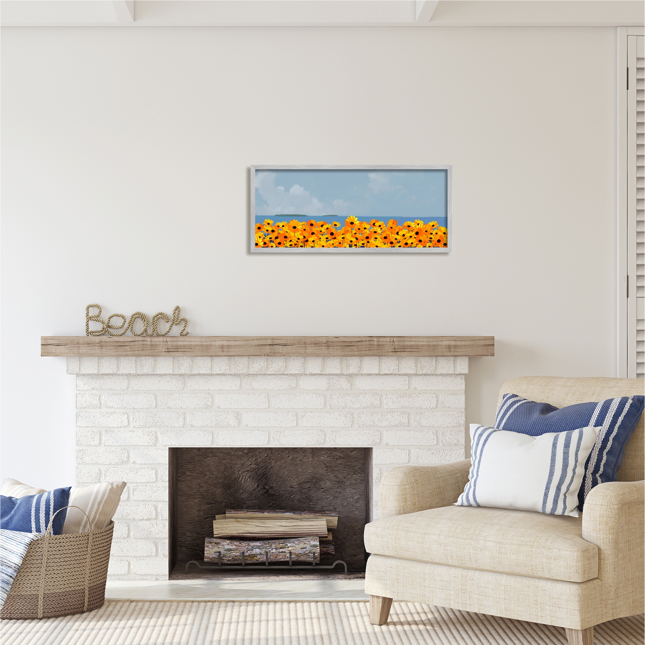 Stupell Industries Yellow Daisies by Sea Botanical & Floral Painting Gray Framed Art Print Wall Art, 30 x 13