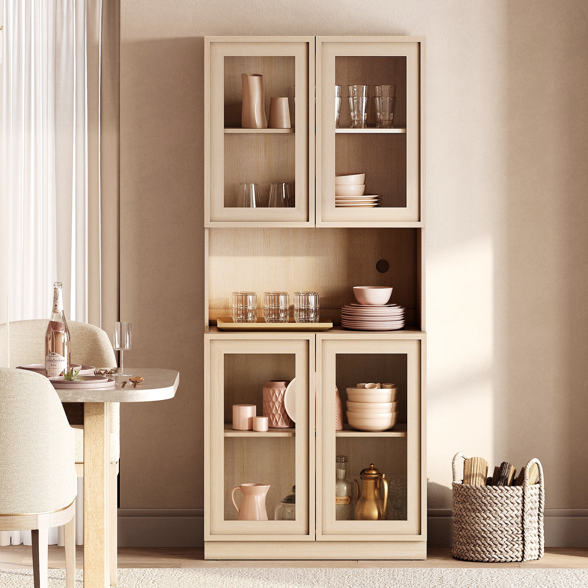 72" Tall Modern Sideboard Buffet Cabinet, Glass Door Storage Cabinet with Adjustable Shelves, Layered Wood Console Cabinet for Dining Room,Living Room, Entryway,Beige