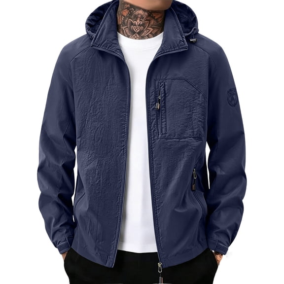 WRKEKC Windbreaker Jackets for Men Hooded Long Sleeve Zip-Up Outerwear With Zipper Pockets for Outdoor Travel and Hiking