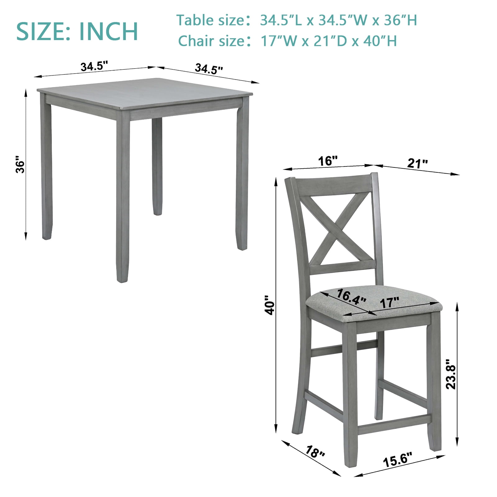 Gewnee 5-Piece Counter Height Dining Set – 34.5" Square Wooden Table + 4 Upholstered Chairs,Space-Saving Design for Small Kitchen and Dining Room,Gray