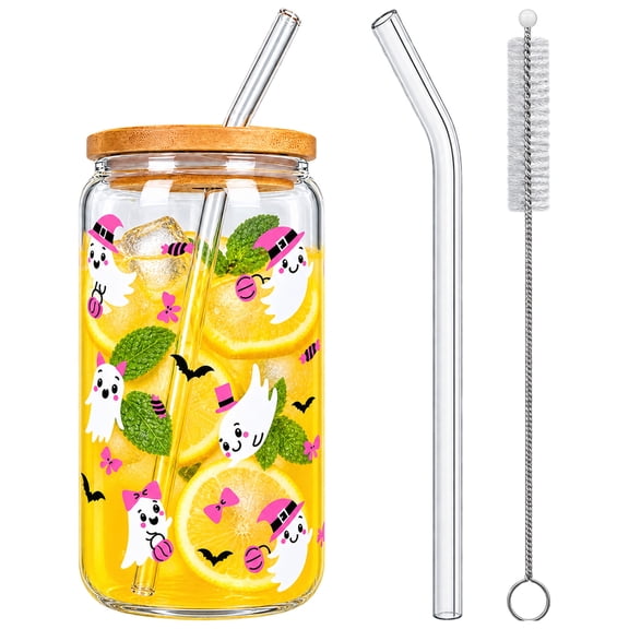 Halloween Glass Tumbler with Bamboo Lid and Straw, Cute Ghost Bat Printed Drinking Cup with Cleaning Brush, Clear Glass Cup for Coffee Juice Iced Drinks Party Decor