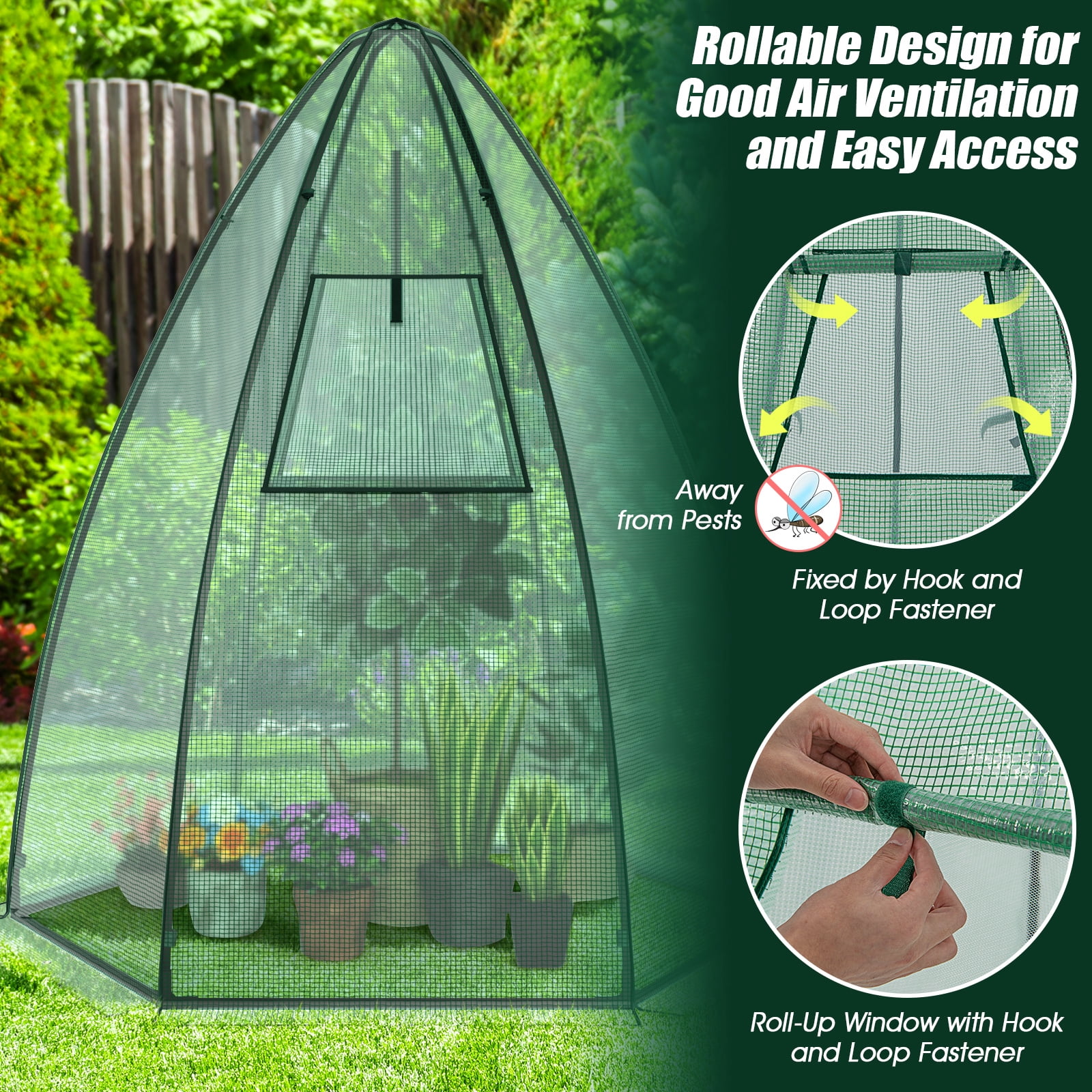 Patiojoy 63�� x 63�� x 72�� Walk-In Greenhouse with Roll-Up Window & Door Hexagonal Green House with Metal Frame & Waterproof PE Cover