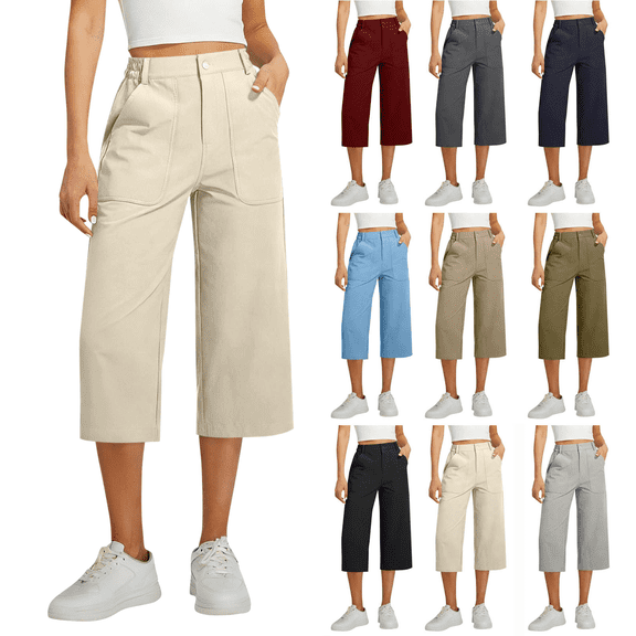 Capri Pants for Women Lightweight High Waist Straight Leg Quick Dry Business Casual Work Travel Cargo Pants with Pockets S-2XL