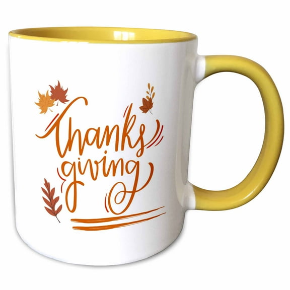 3drose, Thanksgiving Greetings with Leaves, 15oz Two-tone Yellow Mug