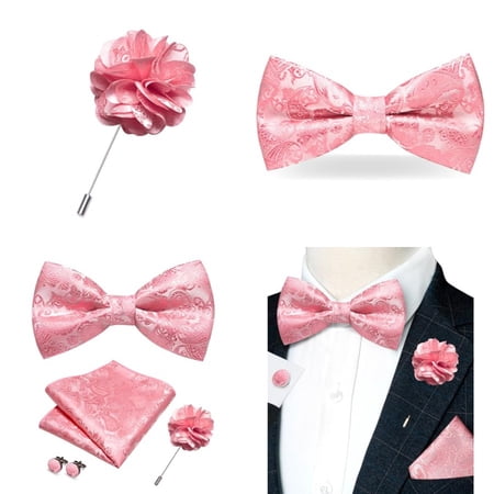 Paisley Pre-tied Bow Tie and Pocket Square Cufflinks Lapel Pin Sets for Men 4PCS Blush Pink