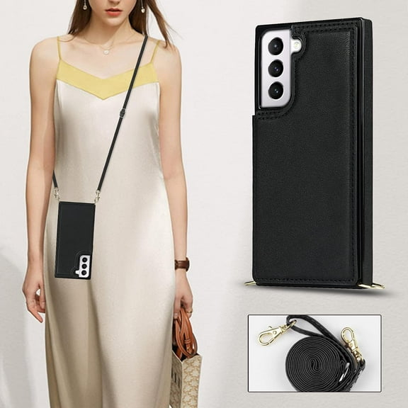 Crossbody Wallet Case for Samsung Galaxy S21 FE 5G, Kickstand with Adjustable Removable Lanyard Neck Strap Case Card Holder Case Shockproof Cover Magnetic Clasp Cover Flip Case -Black