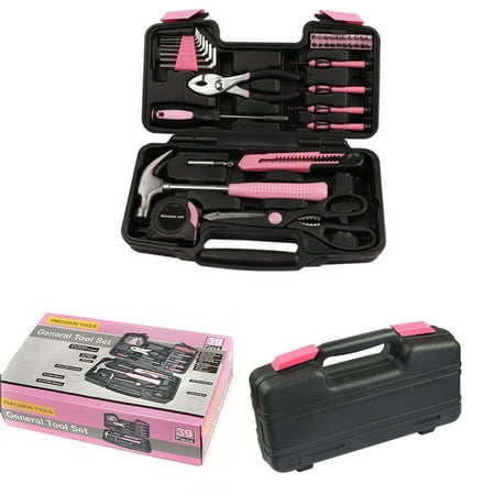 Clearance Sale Home Hand Tool Kit 39 Piece Scissors Tool Set Universal With Plastic Tool Box Organizer Pink 32.6X19.2X8.3Cm