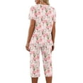 thumbnail image 3 of FAHXNVB Women Pajama Sets Floral Printed Short Sleeve V Neck Top With Capri Pants Casual Loose 2 Piece Lounge Sleepwear Pj Set, 3 of 5