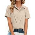 thumbnail image 4 of Yotami Short Sleeve Plus Size Tops for Women Fashion Casual Button Down Shirts Summer Lapel Loose Fit Blouse Clothes Beige M, 4 of 5