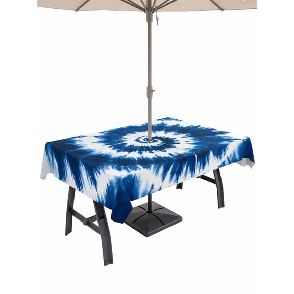 Outdoor Tablecloth with Umbrella Hole and Zipper, Blue Tie Dye Vortex Psychedelic Rectangle Waterproof Table Cover 60x84in Washable Table Cloth for Patio Picnic Party Abstract Ethnic Tribal Style